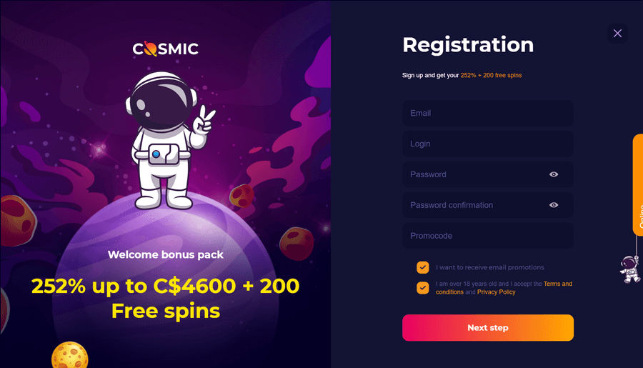 CosmicSlot Casino Registration