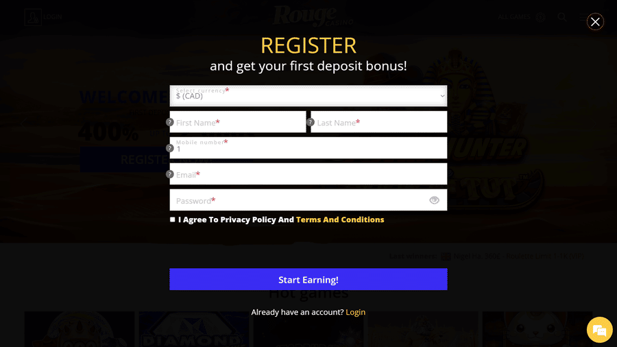 Rouge Casino Registration