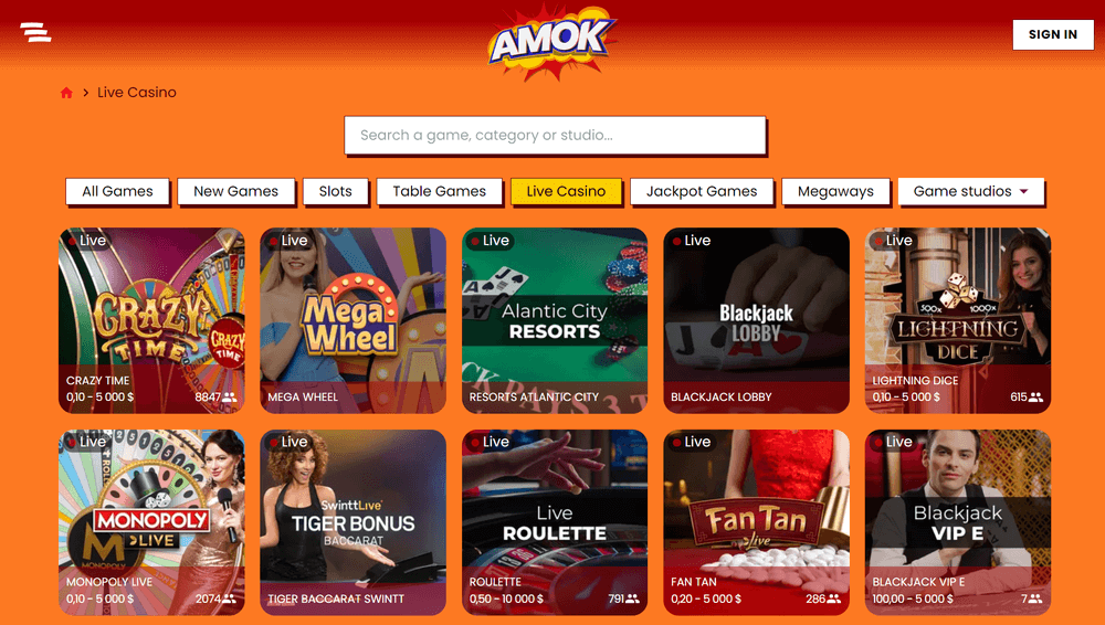 Amok Casino Live Casino