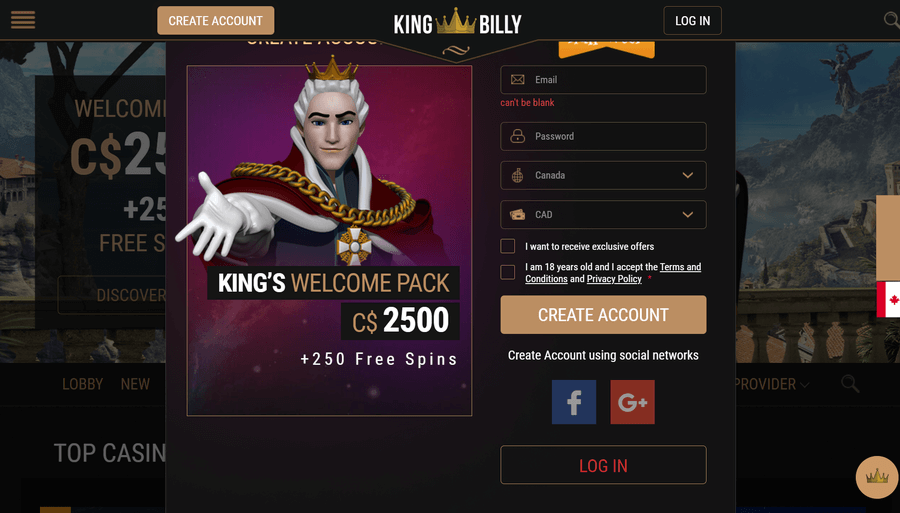 King Billy Casino Registration
