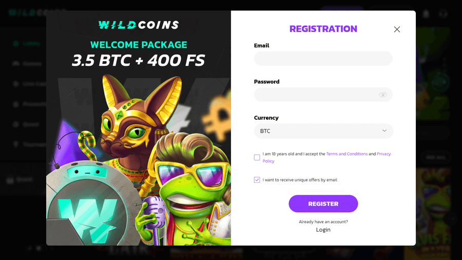 WildCoins Casino Registration