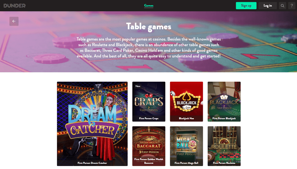 dunder casino table games