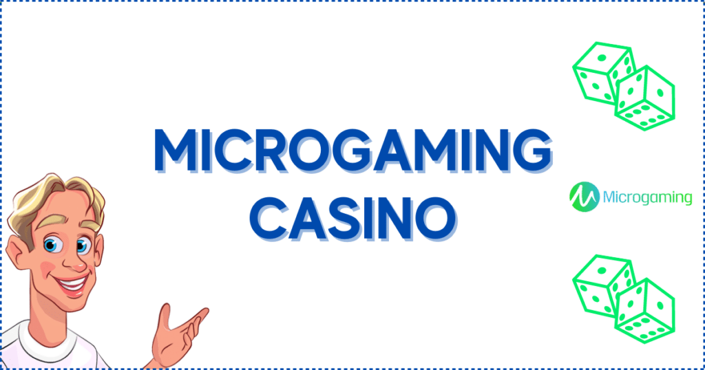 Image for the section Microgaming Casinos: 1 Minute Guide. It shows the Casinoclaw mascot, a Microgaming logo, and two pairs or dice.