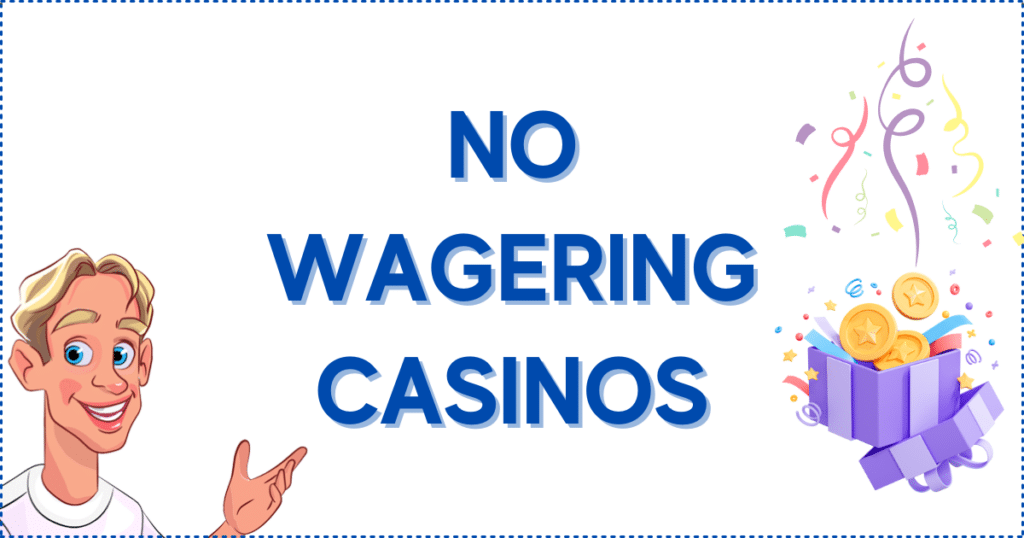 Image for the section No Wagering Casinos: The Quick Version. It shows the Casinoclaw mascot and an open present.