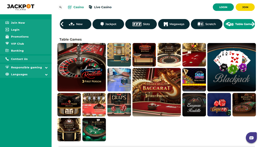 Jackpot Island Casino Table Games