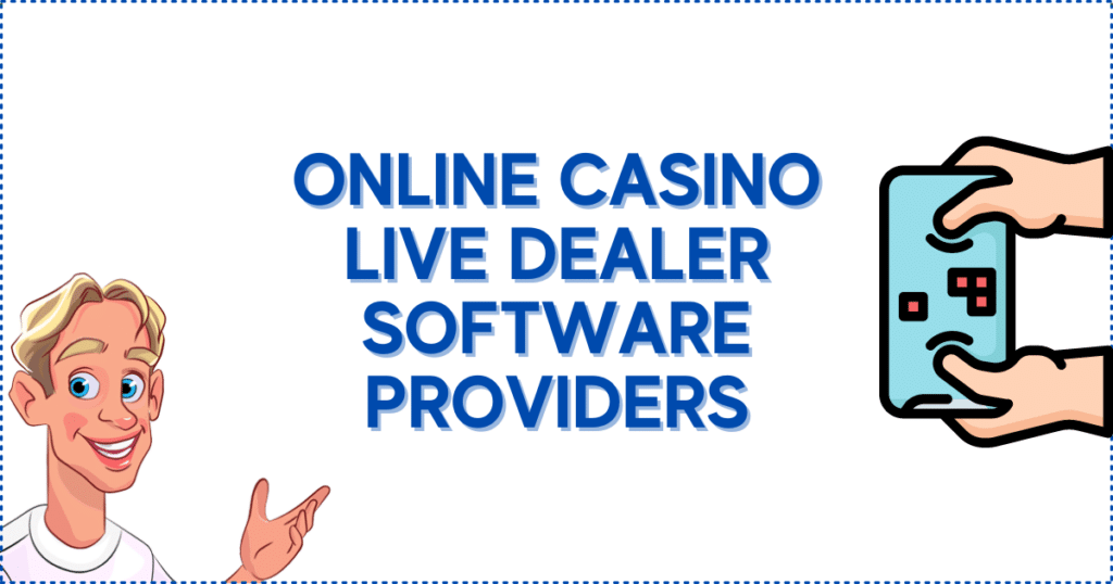 Image for the section Online Casino Live Dealer Software Providers. It shows the Casinoclaw mascot, and someone playing games on a mobile phone. It's supposed to symbolize studios developing games for casino online live dealers.