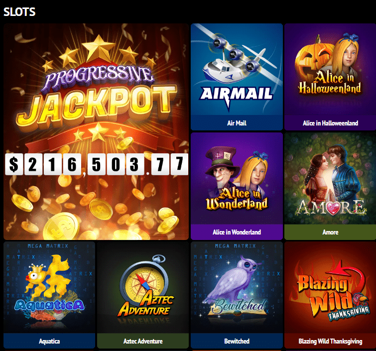 Image for the section Slots. It shows information about several slot games available on the casino.