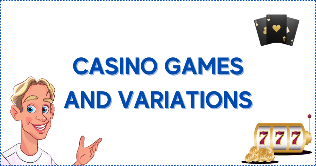 Image for the section Big Time Gaming Casino Games and Variations. It shows the Casinoclaw mascot, black cards, and a slot reel.