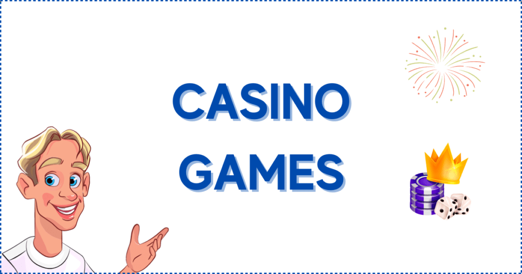 Image for the section The Importance of Entertaining Casino Games. It shows the Casinoclaw mascot. fireworks, casino chips, a pair of dice, and a golden crown.
