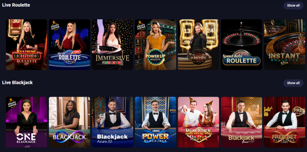 Image for the section Live Casino Games. It shows live roulette and blackjack variants available on the casino.