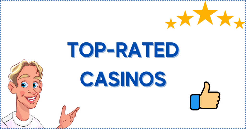 Image for the section Top-Rated Slot Online Casino Sites in Canada. It shows the Casinoclaw mascot, a set of golden stars, and a thumbs up logo.