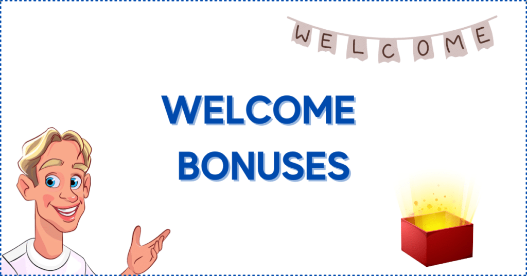 Image for the section Welcome Bonuses for Online Slot Machines. It shows the Casinoclaw mascot, a present, and a welcome banner.