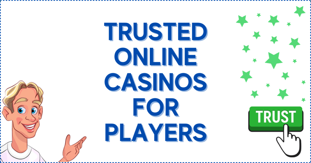 Image for the section Trusted Online Casinos for Players. It shows the Casinoclaw mascot, stars, and a green trust button symbolizing trusted online casino sites.  