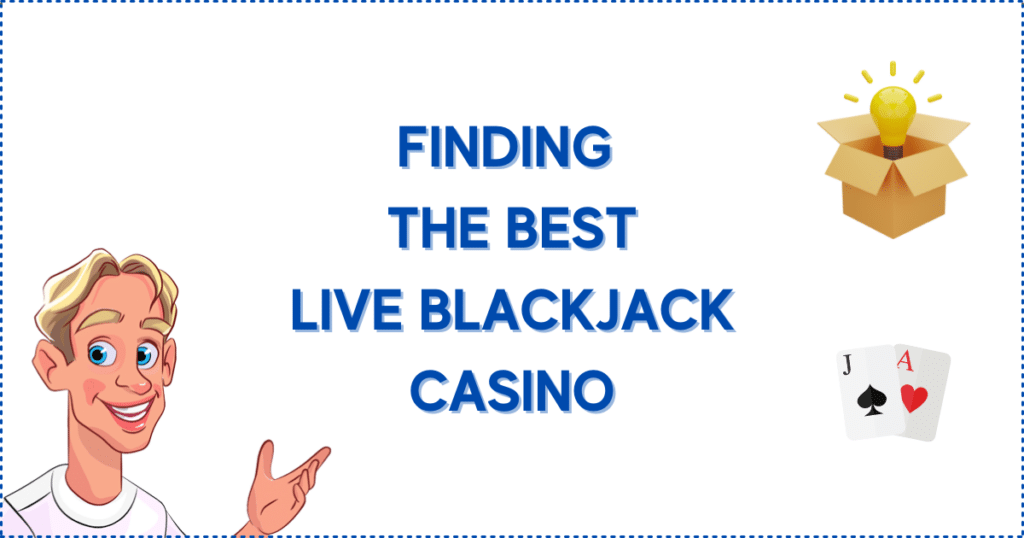 Image for the section How to Find the Best Live Blackjack Casino in Canada. It shows the Casinoclaw mascot, an open box with a glowing light bulb, and two cards.
