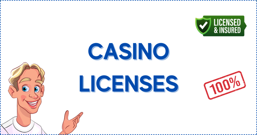 Image for the section Online Casino Real Money Licenses. It shows the Casinoclaw mascot, a 100% banner, and a licensed logo.