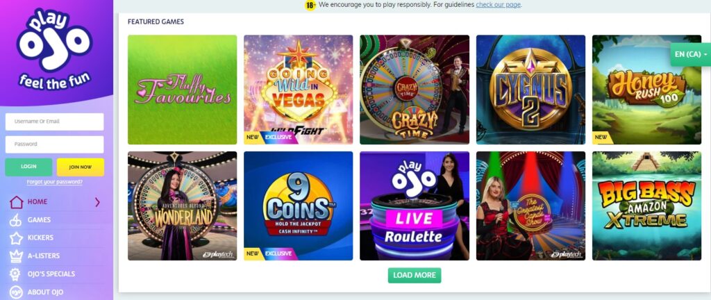 Image for the section PlayOJO Casino. It shows a screenshot from PlayOJO.