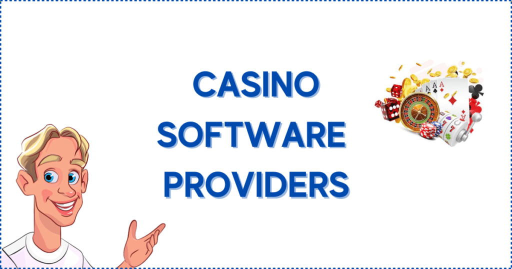 Image for the section The Leading Software Providers That Offer 25 Free Spins Bonuses. It shows the Casinoclaw mascot and a picture with cards, dices, slot reels, and a roulette table.