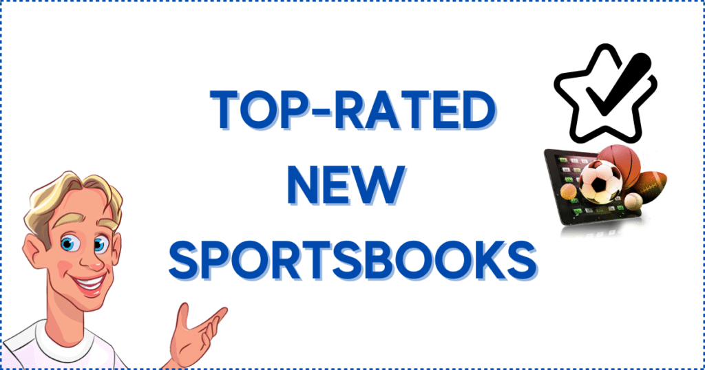 Image for the section Casinoclaw's Top-Rated New Sports Betting Sites in Canada. It shows the Casinoclaw mascot, a start with a checkmark, and a tablet with various sports balls.