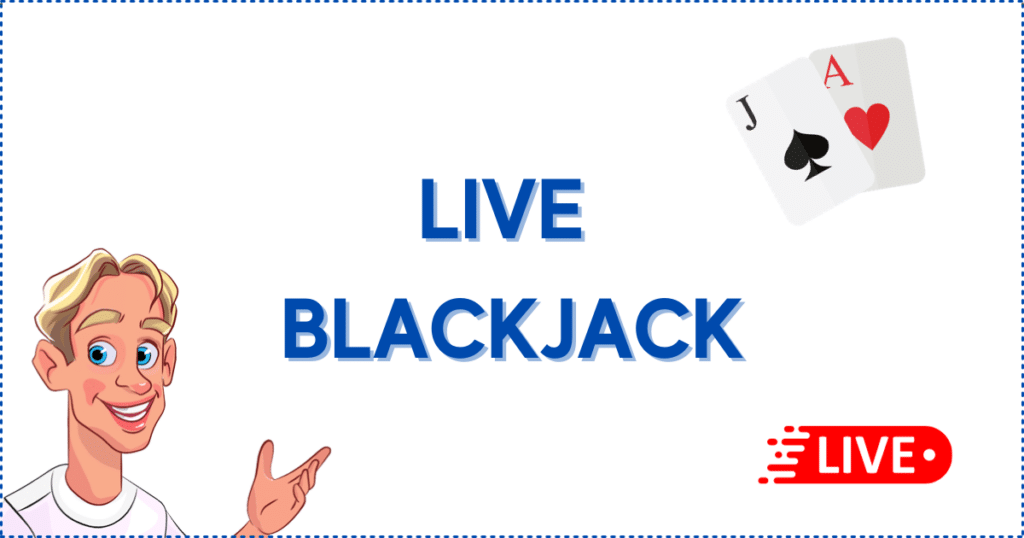 Image for the section Live Blackjack. It shows the Casinoclaw mascot, a live logo, and two cards.