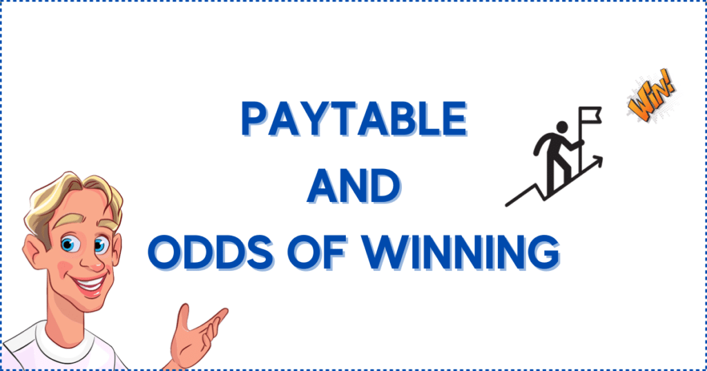 Image for the section Paytable and Odds of Winning in Cash or Crash. It shows the Casinoclaw mascot and a person moving upwards an arrow leading to a win banner.
