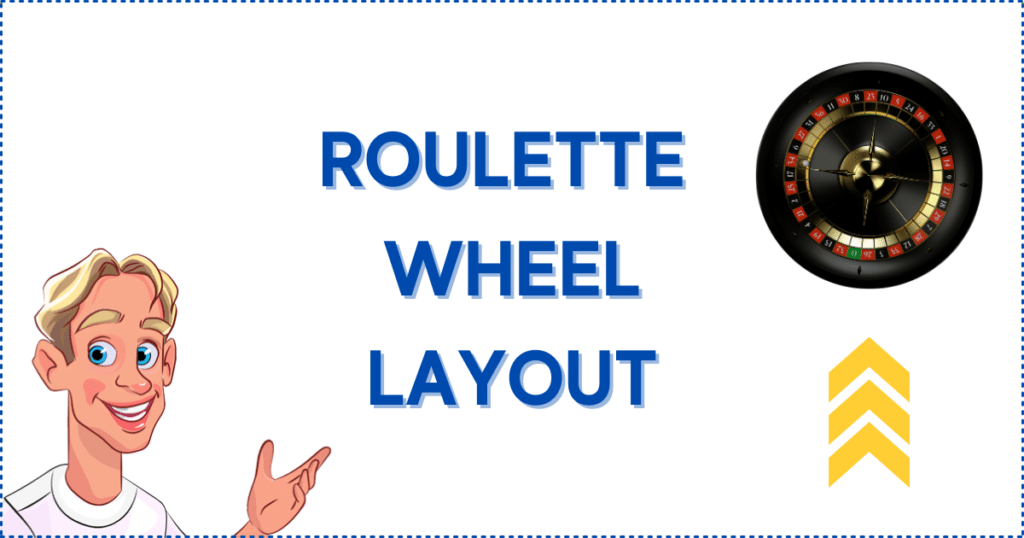 Image for the section Roulette Wheel Layout. It shows the Casinoclaw mascot, and yellow arrows pointing towards a Roulette wheel.