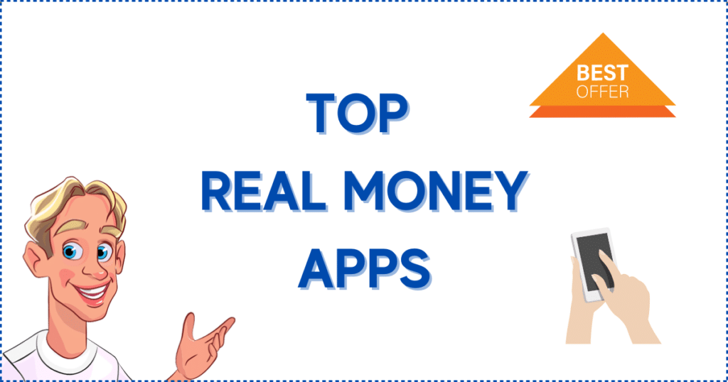 Image for the section: Top Real Money Casino Apps in Canada. It shows the Casinoclaw mascot, a 'Best Offer' banner, and two hands holding a smart phone.