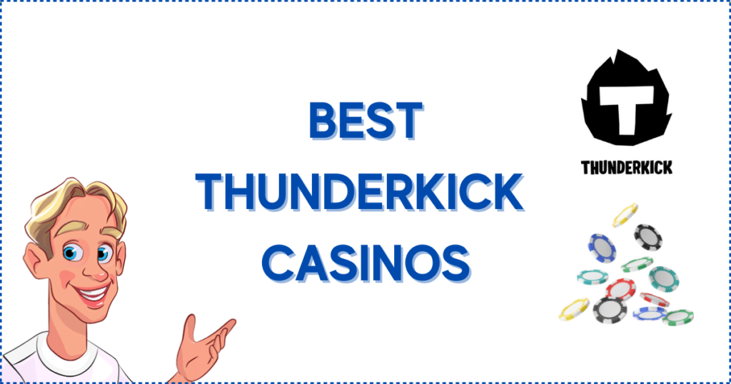 Image for the section Best Canadian Thunderkick Casino Choices, It shows the Casinoclaw mascot, a Thunderkick logo, and casino chips.