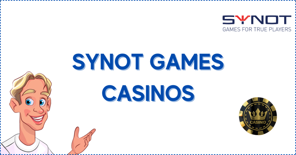 Image for the section Best Canadian Casino Choices Featuring SYNOT Games. It shows the Casinoclaw mascot, a casino chip, and the Synot Games logo.