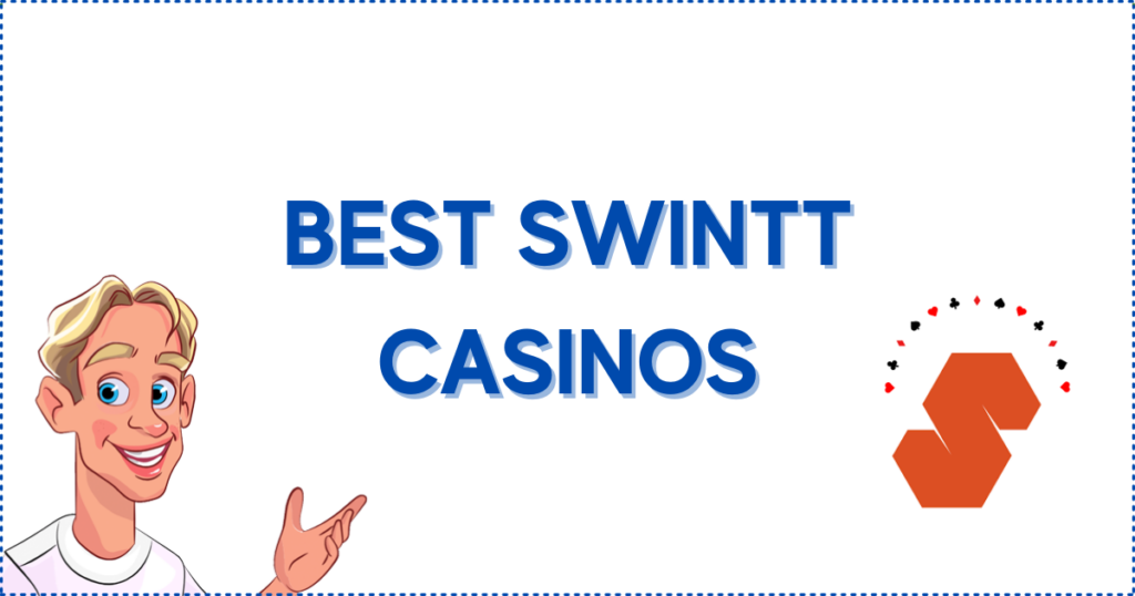 Image for the section Top 3 Swintt Casino Options. It shows the Casinoclaw mascot and a Swinnt logo surrounded by cards.