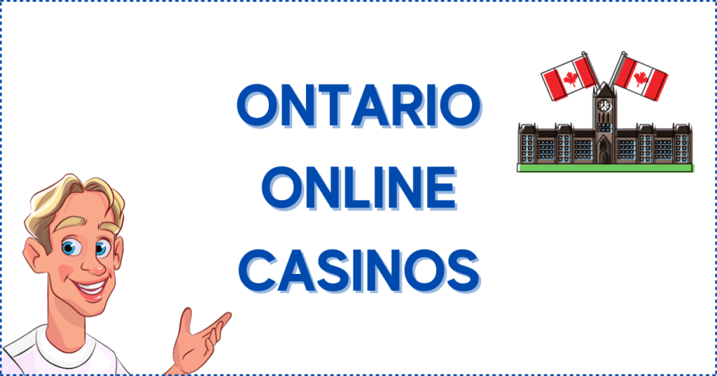 Image for the section New Online Casinos Ontario. It shows the Casinoclaw mascot, and a building with the Canadian flags on it.