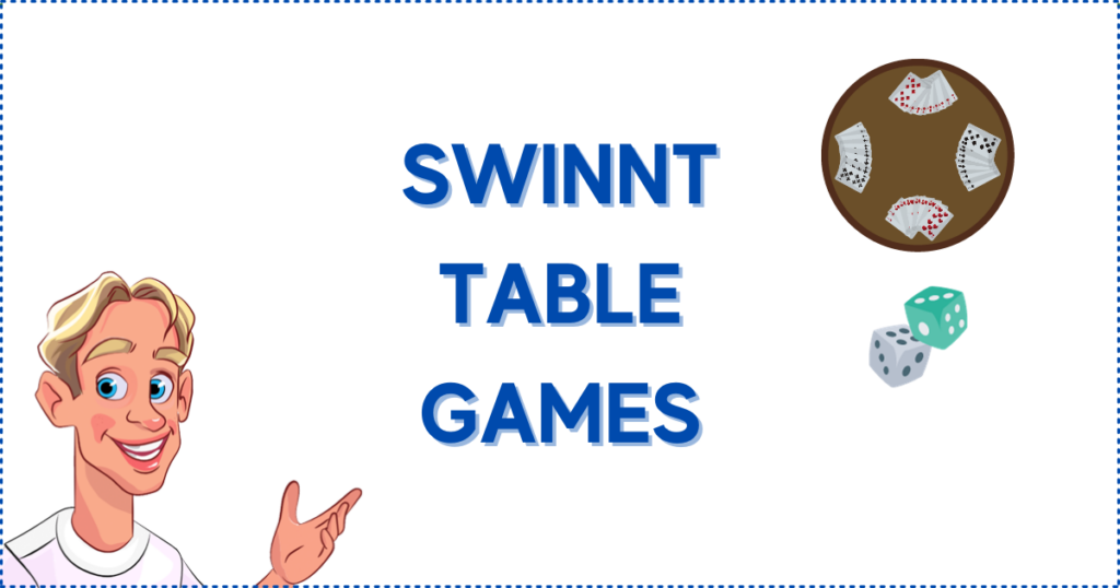 Image for the section Table Games. It shows the Casinoclaw mascot, a pair of dice, and a round table with cards.