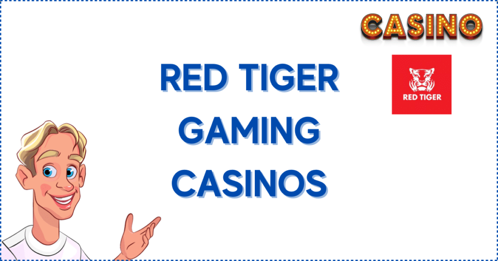Image for the section Top Canadian Online Casinos Featuring Red Tiger Gaming. It shows the Casinoclaw mascot, a casino banner, and the Red Tiger Gaming logo.