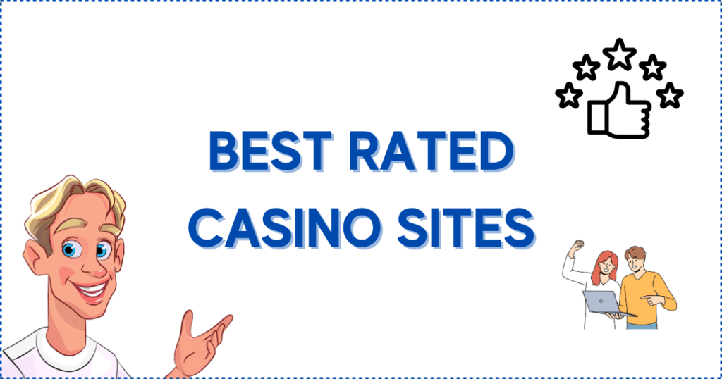 Images for the section Best Rated Canadian Casino Sites in 2023. It shows the Casinoclaw mascot, a thumbs up logo with 5 stars above it, and two people holding a laptop and celebrating a casino win.