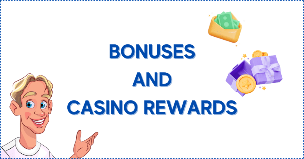 Bonuses and Rewards on the Best Play N GO Casinos. The image show the Casinoclaw mascot, an envelope with cash, and an open present with golden coins inside.