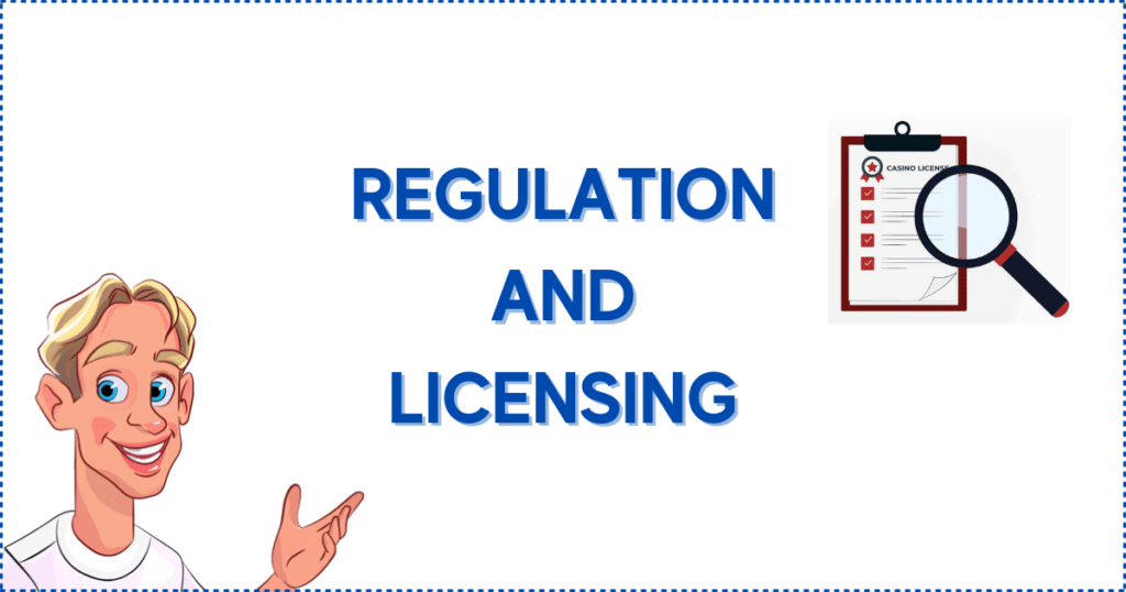 Image for the section Regulation and Licensing of the Best Betsoft Casinos. It shows the Casinoclaw mascot and a magnifying glass inspecting a casino license.