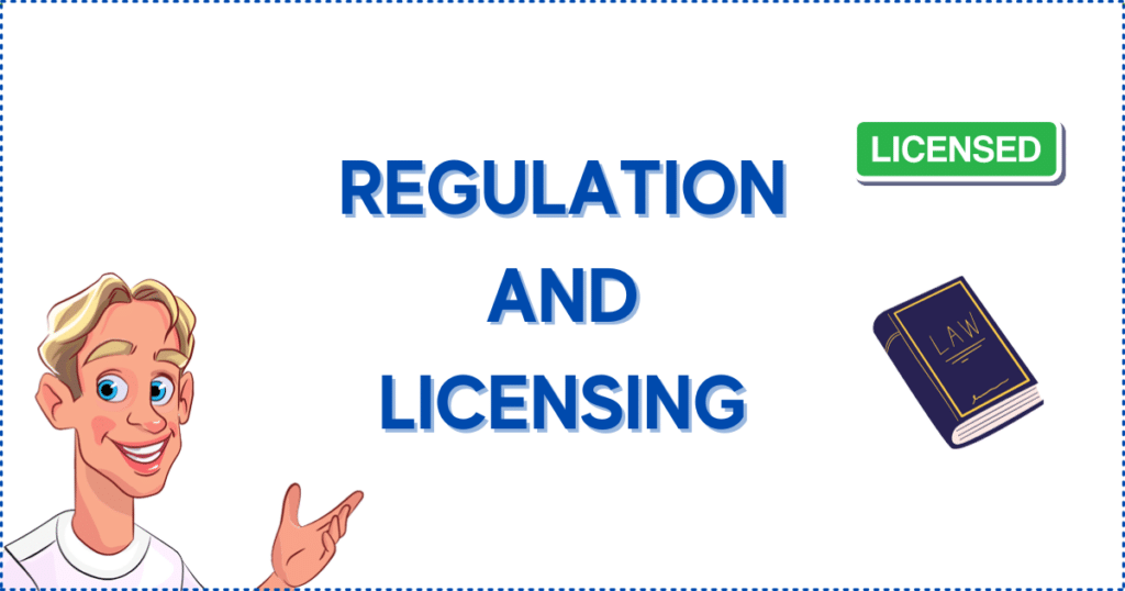 Image for the section Qiwi Casino Regulation and Licensing. It shows the Casinoclaw mascot, a Law book, and a 'licensed' stamp.
