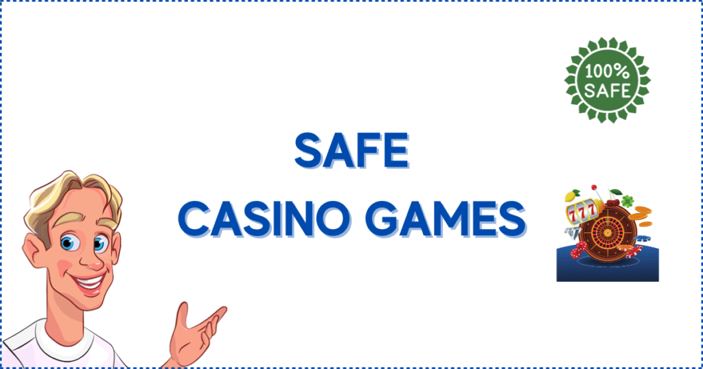 Image for the section Safe Online Casino Games. It shows the Casinoclaw mascot, a safety banner, a slot reel, chips, and a roulette wheel.