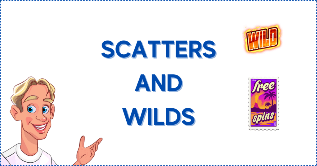 Image for the section Scatter Symbols and Expanding Wilds in Slots With Buy Bonus Round. It shows the Casinoclaw mascot, a wild logo, and a free spins logo.