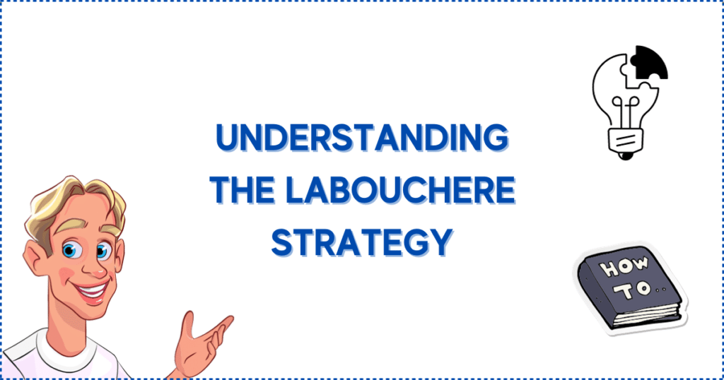 Image for the Understanding the Labouchere Strategy section. It shows the Casinoclaw mascot, a light bulb with a missing piece, and a 'How To' book.