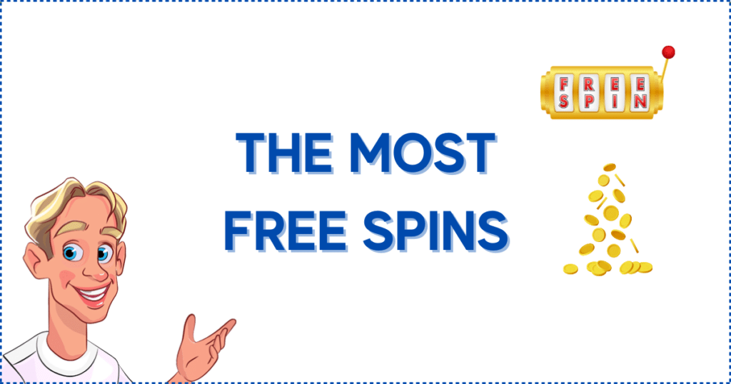 Image for the section Online Slots With The Most Free Spins. It shows the Casinoclaw mascot, a slot reel, and golden coins.