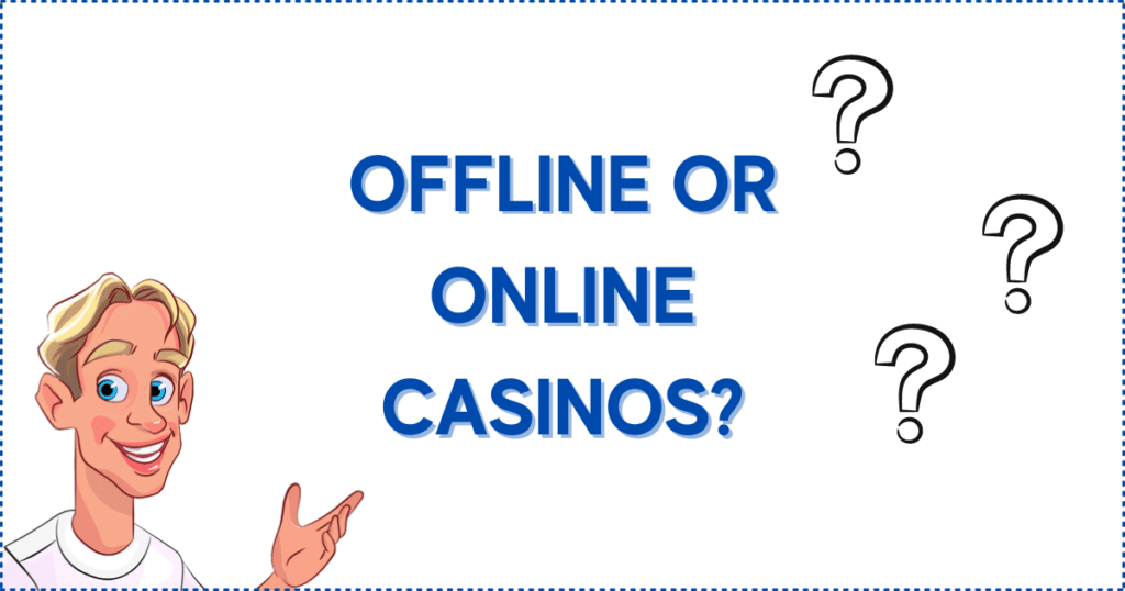 Image for the section What is Safer, Offline or Online Casinos? It shows the Casinoclaw mascot and three question marks.
