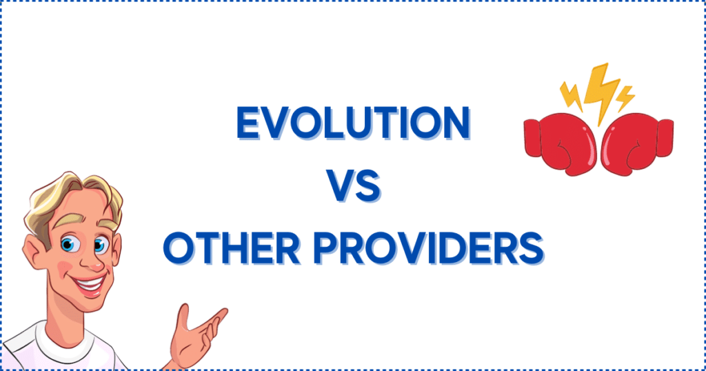 Image for the section Evolution Gaming VS Other Live Casino Providers. It shows the Casinoclaw mascot and two boxing gloves one against the other.