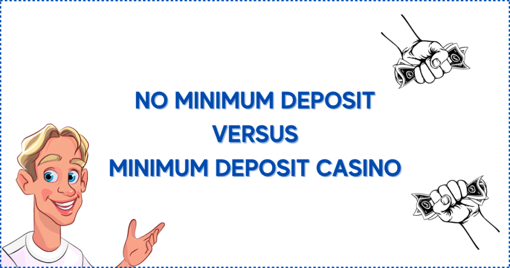 Image for the section Is a No Minimum Deposit Casino Different from a Minimum Deposit Online Casino? It shows the Casinoclaw mascot and two hands holding cash.