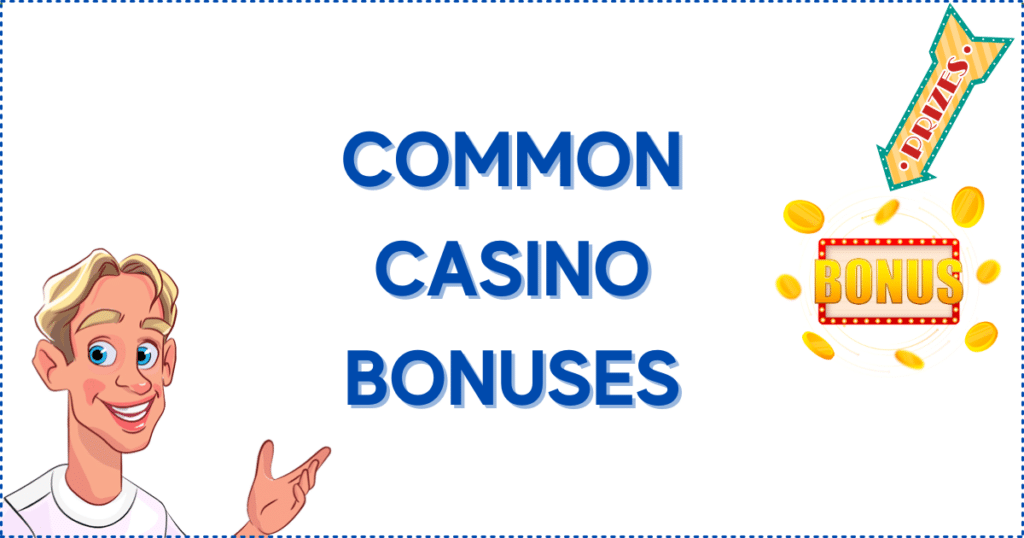 Image for the section Most Common Bonuses on a Neosurf Casino Canada. It shows the Casinoclaw mascot, and a prizes arrow pointing to a bonus sign with gold coins all around it. 