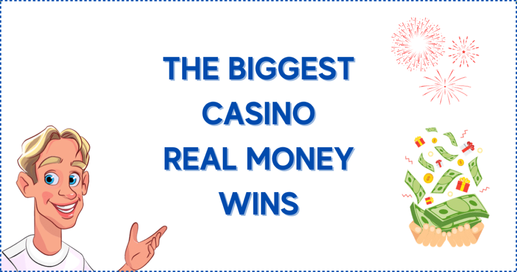 The Biggest Online Casino Real Money Wins in Canada. The image shows the Casinoclaw mascot, fireworks, and cash falling down in a person's hands.