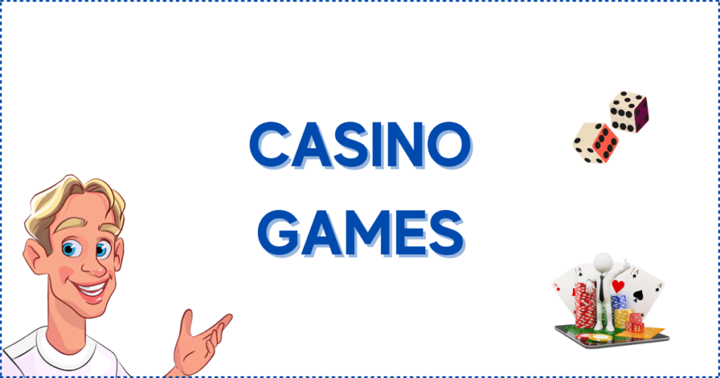 Image for the section The Types of Casino Games on the Best Paying Casinos Online. It shows the Casinoclaw mascot, a pair of dice, casino chips, and cards.