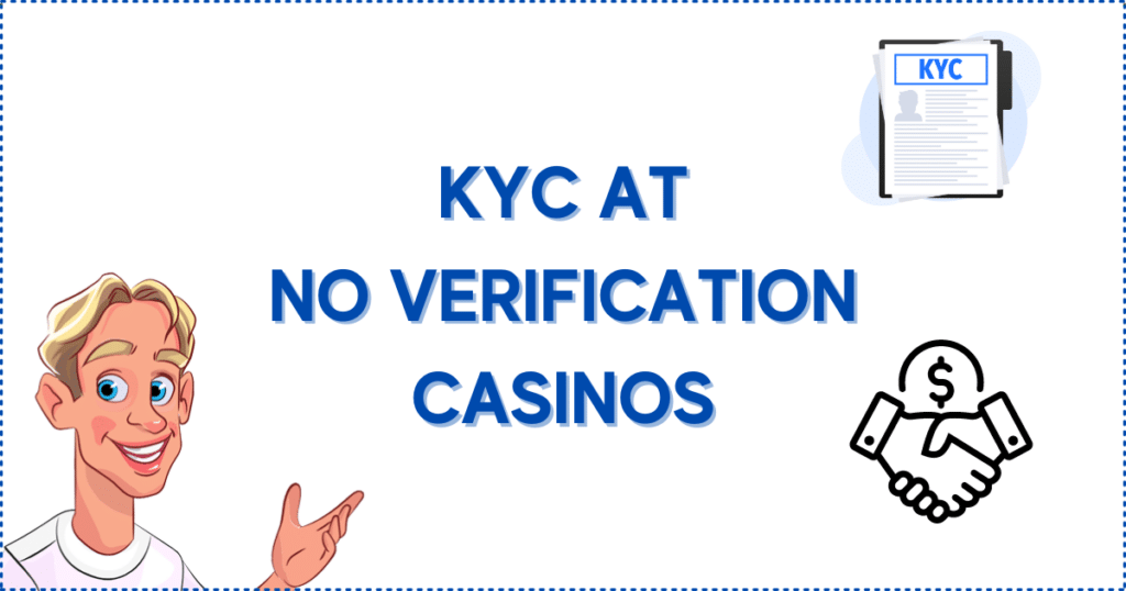 Image for the section When Can No Verification Casinos Request KYC? It shows the Casinoclaw mascot, a KYC document, and two hands in a grip.