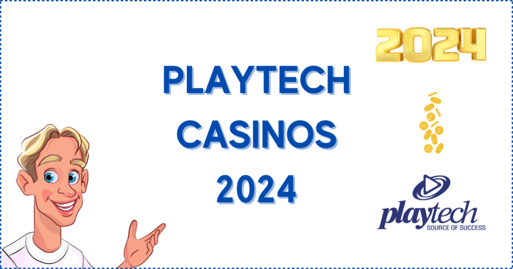Image for the section Canadian Playtech Casinos in 2024. It shows the Casinoclaw mascot, a 2024 banner, gold coins, and the Playtech logo.