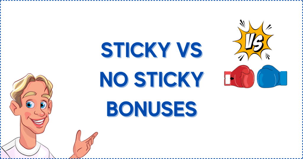 Image for the section Comparing a Sticky and No Sticky Casino Bonus. It shows the Casinoclaw mascot, two boxing gloves, and  a 'VS' logo. 