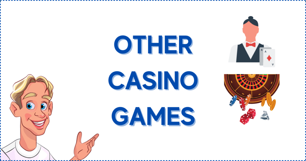 Image for the section Other Casino Games. It shows the Casinoclaw mascot, a live casino dealer, cards, chips, and a roulette wheel.